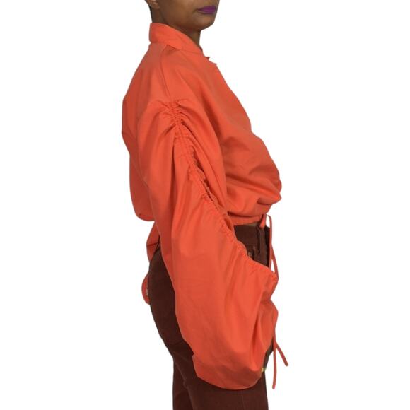 Love Highlight Bubble Sleeve Top Orange Blouse Ruched Cropped Slouchy Size Small - Picture 14 of 15